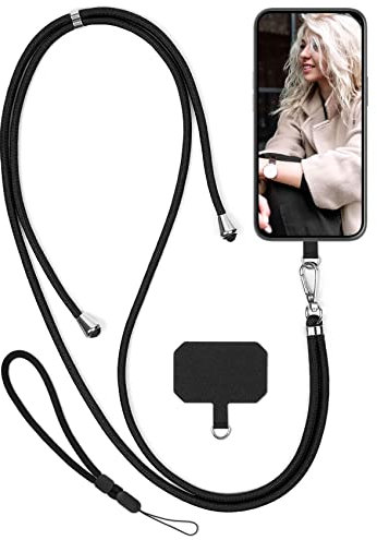 moex Unleash für ZTE Axon 10 Pro Handyband zum Umhängen ohne Hülle, Handykette Universal mit Karabiner, Handy Band abnehmbar, Kette mit Pad für Handyhülle, Schwarz, Silber