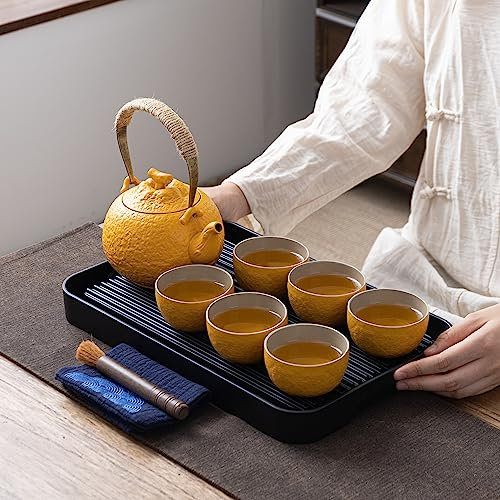 TEANAGOO Teekanne Komplettes japanisches Teeset für Frauen, orangefarbenes asiatisches Keramik-Teeset, 6 Teekannen (700ml/25oz) + 6 Teetassen (110ml/4oz), U3, vielseitiges Teetablett mit Abflussrohr