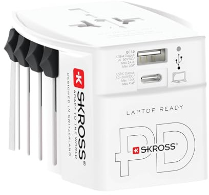 SKROSS -MUV USB AC45PD med USB-C-kabel (160 cm) – 2-polig universell reseadapter 1 x USB C och 1 x USB 45 W – spänning och effekt: 100 V – 250 W/250 V – 625 W för bärbara datorer, surfplattor och