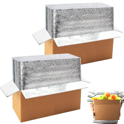 2 Pack Thermo Chill Double Insulated Shipping Box with Aluminum Foil Insulated Bag Liner, Reusable Hot & Frozen Food Delivery Insulated Carton for Shipping, Mailing, Packing, Moving, 12.2x5.2x7.5 Inch