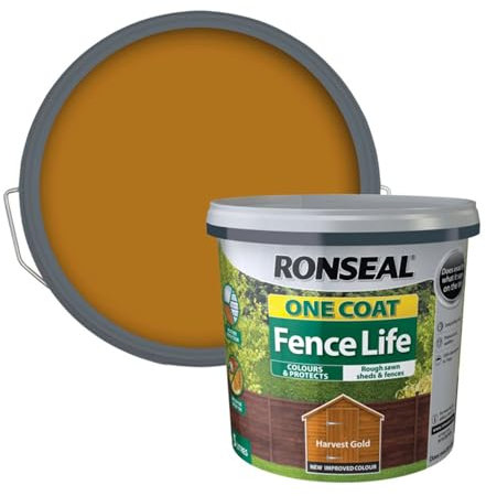 SAVING HUB One Coat Fence Life Paint for Garden Shed, Rough Swan Wood, Trellis, Sheds, Wooden Structures - Showerproof in 1 Hour (Harvest Gold, 5 Liter)