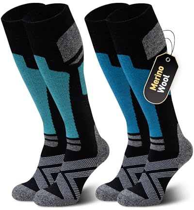 Niorasen Merino Wool Ski Socks Men Unisex, 2 Pairs Thermal Knee-High Socks for Winter, Full Cushion Thick Socks, Skiing, Snowboarding, Outdoor Sports, Hunting, Hiking, Green/Light Blue, UK 9-15