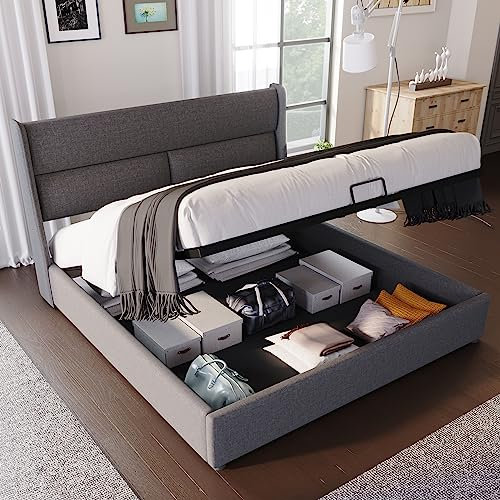 Ymkua Polsterbett Doppelbett 160x200 cm, Bett mit Stauraum, Stauraumbett mit Lattenrost, Jugendbett Bettgestell mit Bettkasten und Kopfstützen, Rückenlehne Kopfteil, Leinen, Grau ohne Matratze