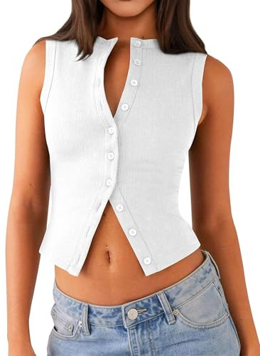 Matunana Womens Going Out Tops Summer Ribbed Tank Sexy Crop Cute Y2K Button Down Sleeveless T Shirts Casual Basic Tee Trendy Fashion Outfits Spring Clothes 2026 White XS