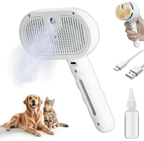 3 in 1 Pet Grooming Brush with Steam and Spray - Hair Removal Comb for Dogs and Cats with Water Tank and Mist Release Stainless Steel Teeth and Ergonomic Handle for Shedding and Grooming(White)