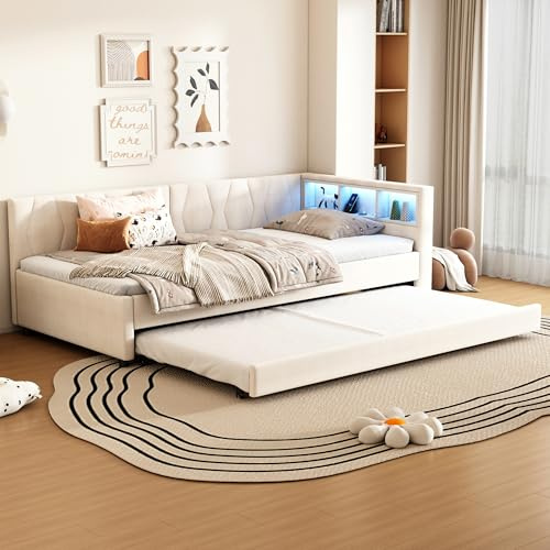 Merax Schlafsofa 90x200 cm Tagesbett Ausziehbar mit farbwechselndem LED-Streifen, USB+Type-C, Ablagefach am Bett, Ausziehbett mit Lattenrost, Leinen, Bettrahmen ohne Matratze, Beige