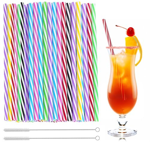 100 Stück Strohhalme Plastik, Trinkhalme Plastik Strohhalme Wiederverwendbar mit 2 Strohhalmbürste für Smoothies, Saft, Heißgetränk und Cocktail, Regenbogenstreifen
