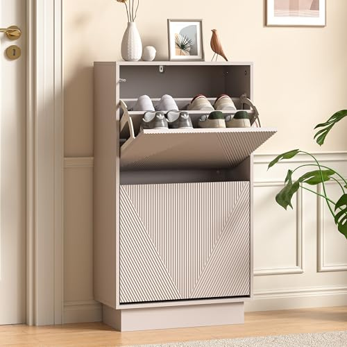 UEV Slim Shoe Cabinet with 2 Flip Drawers, Carved Line Fronts, Narrow Storage Unit with Anti-Tip Design for Hallway, Living Room or Entryway, Cashmere