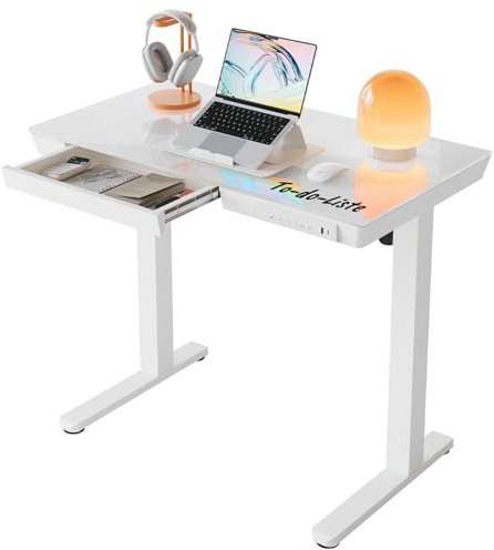 HUANUO 88 x 50 cm Scrivania Regolabile in Altezza con Piano in Vetro, Cassetto, Porte di Ricarica USB e 3 Altezza Memorizzabili, Scrivania Ufficio con Piano Monoblocc, Vetro Bianca