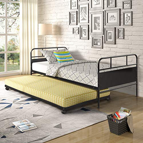 Metal Daybed Platform Bed Frame with Trundle Built in Casters, Twin Size