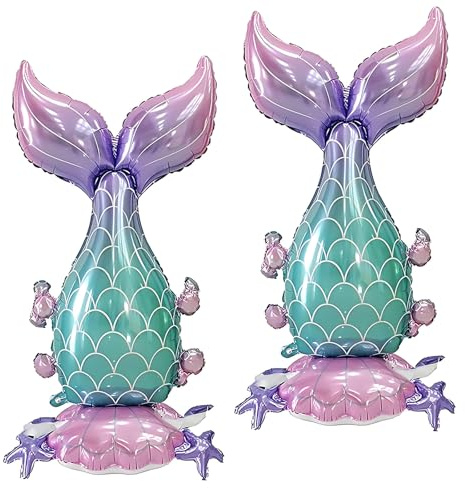 PHOGARY 2 Pcs Big Mermaid Tail Balloons, Standing Inflatable Tail Mylar Foil Balloon for Under the Sea Decorations, Summer Beach Mermaid Birthday Party Favors