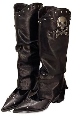 AHUFGN Knähöga stövlar kvinnor spetsig tå punk-stil nitade knähöga stövlar med en tjock häl och skalle design finns i två stilar, Svart, 35
