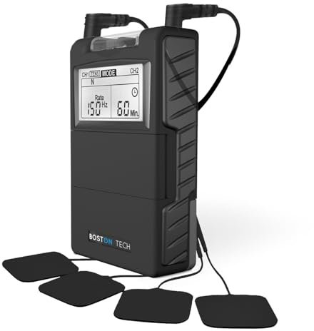 Boston Tech TENS Gerät Schmerztherapie ME89 PRO | TENS EMS 7 anpassbare Modi | Schmerzlinderung + Muskelstimulation | Inkl. 4 Elektroden + 9V Batterie + Fallschutz + Robustes Transportetui