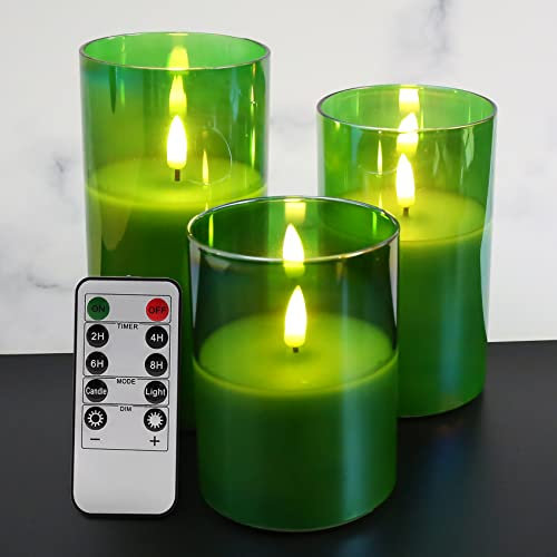 Eywamage Glass Grün LED flammenlose Kerzen mit Fernbedienung 3er Set Φ 3 H 4 5 6