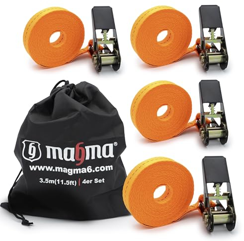 MAGMA 4 Correas de Trinquete 3,5m, 800Kgf/unit. Cinchos, Cinchas de Amarre, Eslingas con Carraca, Remolque Baca Kayak Tabla de Surf Piraguas Canoa Bicicleta Moto, Longitud Ajustable. Naranja