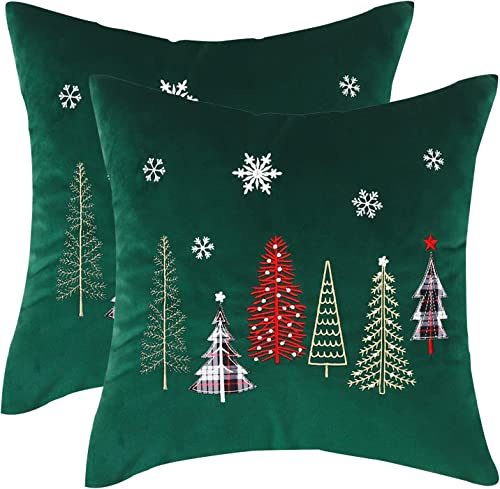Tosleo Christmas Embroidery Throw Pillow Covers 20 x 20 inch Set of 2 Velvet Pillowcases Forest Green Christmas Trees Cushion Pillow Cases Soft Square Holiday Pillowcase