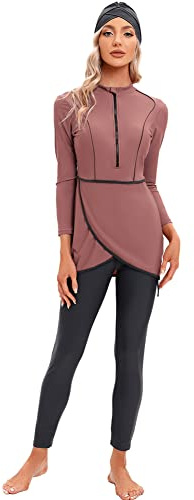 Burkini Swimsuits for Women Muslim Swimwear Top Pants Hijab Rash Guard Full Cover Swimming Costume UV Protection Bathing Suit Middle East Modest Swimsuit Beachwear Surfing Outfit Dusty Pink M