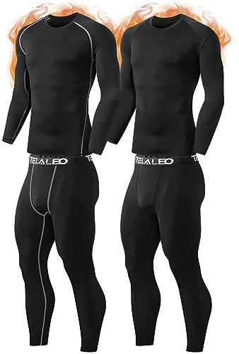 TELALEO 2 Set Mens Thermal Underwear Fleece Lined Long Johns 4 Pcs Base Layer Shirts Pant for Cold Winter Weather M