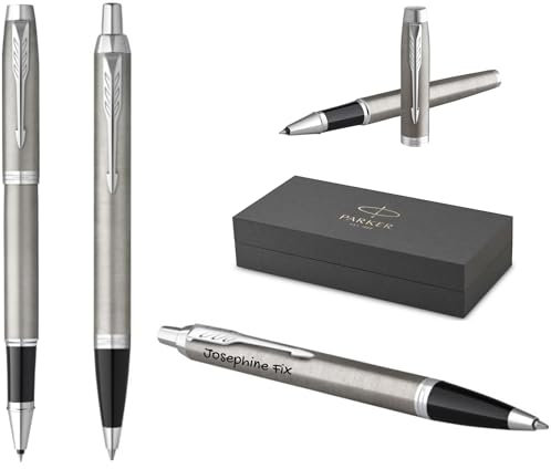 PARKER IM Core Tintenroller und Kugelschreiber mit Gravur | Premium Stift | Geschenkbox | schwarze Mine | personalisiertes Geschenk | Namen graviert | Geburtstag (Brushed Metal C.C.)