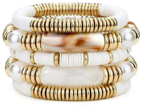 Dochais 5 Stücke Stapelbar Boho Armband Damen Stretch Perlen Armbänder Frauen Böhmische Mehrschichtiges Perlenarmband mit Kristalle Acryl Bead bracelet Schmuck Geschenke