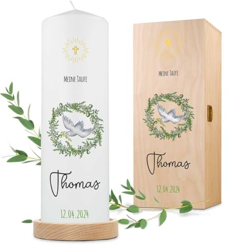 GRAVURZEILE Candela stampata, corona di candela per battesimo – candela stampata brillante per battesimo – regalo di battesimo personalizzato per ragazze e ragazzi – candela pilastro di alta qualità