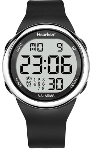 Hearkent Seniorenuhr, 8 Wecker, 8 Vibrationen, Stoppuhr, Timer, EL-Hintergrundbeleuchtung, 50 m wasserdicht, 12/24-Stunden-Format, genaue Zeitanzeige, IT-2105-8A, silber / schwarz, Modern