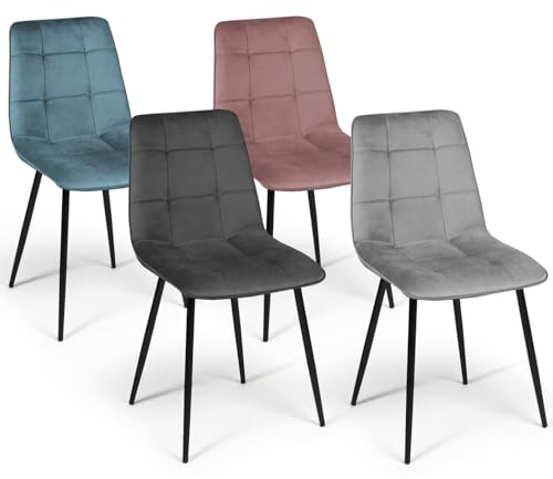 IDMarket - Lot de 4 chaises Mila en Velours Mix Color Pastel Bleu, Gris Clair, Gris foncé, Rose