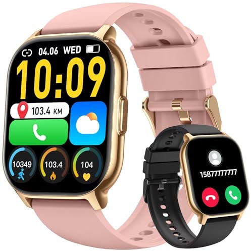 Smartwatch Herren Damen, 2,1 HD Smart Watch Telefonfunktion, Fitnessuhr Pulsuhr 130+ Sportmodi, IP68 Wasserdicht, Sportuhr Herzfrequenz Chlafmonitor Schrittzähler 2 Armband, für Android iOS-Rosa