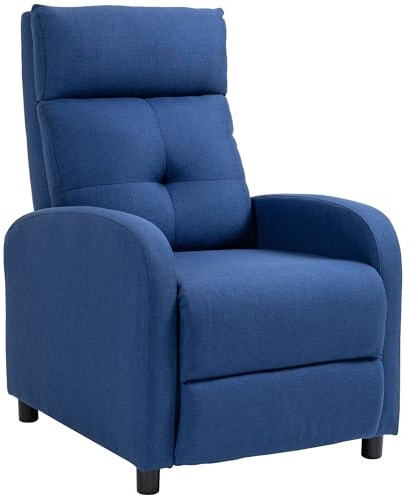 HOMCOM Sillón Relax Reclinable Manual, Sillón Relax de Lino con Apertura Push, Reposapiés, Respaldo Alto, Acolchado Grueso, Butaca Reclinable hasta 155º para Salón, Dormitorio, Oficina, Azul