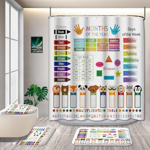 GRIEKOWE 4 Pcs Educational Kids Shower Curtain Set with Non-Slip Rugs, Months, Days, Shapes, and Multiplication Table for Learning – Fun Cartoon Animals Design, Bathroom Decor for Children 72Lx72in