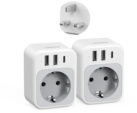 TESSAN Paquete de 2 Adaptador Enchufe UK, 4 en 1 Enchufe Tipo G con USB C y 2 USB A, Adaptador Ingles a Español 3250 W, Adapter Irlanda, EU to UK Plug Adapter para Irlanda Escocia