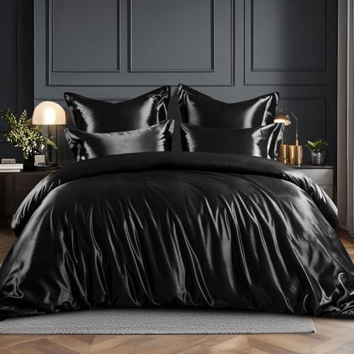 RUIKASI Satin sängkläder 200 x 200 svart – silkeslent lyxigt påslakan med glans som sidensängkläder set för hår och hud, glänsande sängkläder 200 x 200 cm med dragkedja och örngott 80 x 80 cm