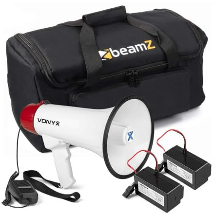 Vonyx MEG045 - Akku Megaphone mit Sirene und Mikrofon, inkl. 2X Akkus und Tasche, Bluetooth, Aufnahmefunktion, 45 Watt Megafon, bis 1000m Reichweite, Megaphon mit Umhänge-Gurt, MP3, USB, SD, Weiß/Rot