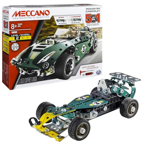BANDAI - Meccano Cabriolet Retro Friction - Kit di Costruzione 5 Modelli - 225 pezzi, motore retro-frizione, attrezzi, istruzioni - Kit Attività assemblaggio auto - Giocattolo Bambini 8+ - APM20102