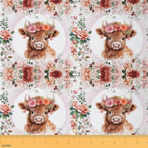 Loussiesd Cute Highland Cow Fabric by The Yard Cartoon Animal Decorative Waterproof Outdoor Fabric Flower Floral Print Upholstery Fabric for Chair Farm Zoo Garden Theme 1 Yard (L92*W150cm)