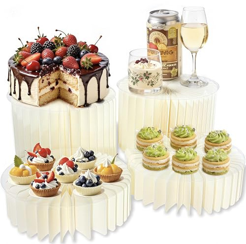 Tel Charme * 4 Plateaux à Gâteaux Pliables en Carton - avec 4 Plateaux Ronds en PVC (Hauteurs 10 cm & 20 cm) - Présentoir à Desserts pour Buffet, Mariage, Anniversaire, Cupcakes