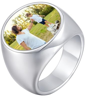 Bague Homme Chevalière avec Photo Personnalisé - Acier Inoxydable Bagues Ronde Sceau Personnalisable et Gravé, Bijoux Cadeaux Anniversaire pour Hommes Papa Frère meilleur amis Copains 54