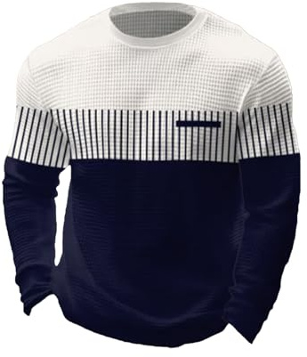 Pull en tricot pour homme - Coupe ajustée - Manches longues - Rayé - Coupe droite - Haut avec poches de poitrine - Sweatshirt moderne en maille gaufrée - Hiver - Couleur unie - Col rond, O bleu., XL