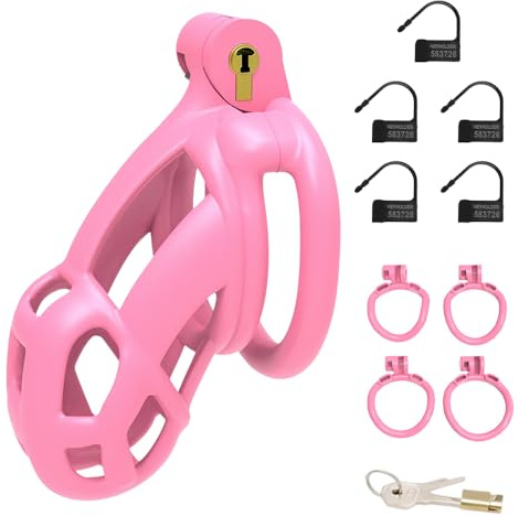 Qcpuuu Chastity Cage per Uomini, Cockcage con 4 Anelli del Pene e Lucchetto, Gabbia del Pene Piccola, Dispositivi di Castità e Tortura dei Testicoli, Bondage Estremo per Uomini, Rosa, S
