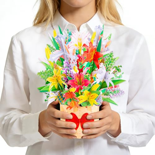 GREETING ART Tarjeta desplegable de Pascua, diseño de cruces de lirios coloridos, diseño de conejo, tarjeta de Pascua 3D para regalos de dinero