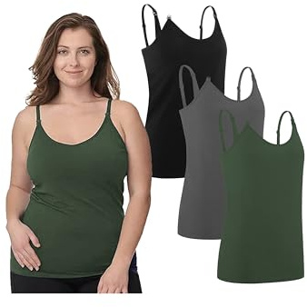Under Control Nursing Cami Tank Tops for Breastfeeding Women Nursing Tops Maternity Shirts, Camisoles with Built in Bra 3Pack (US, Alpha, Regular, Regular, Medium/Green/Dark Grey)