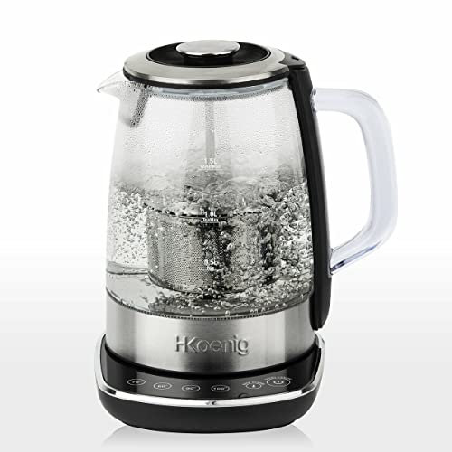 Hervidor Eléctrico de Cristal H.Koenig Instant T 1.5L TI600 con Filtro Infusor de Té de Acero Inoxidable 2200W Compacto, Ebullición Rápida, Termostato Ajustable 70° a 100°C, Mantener Caliente, 2 Tapas