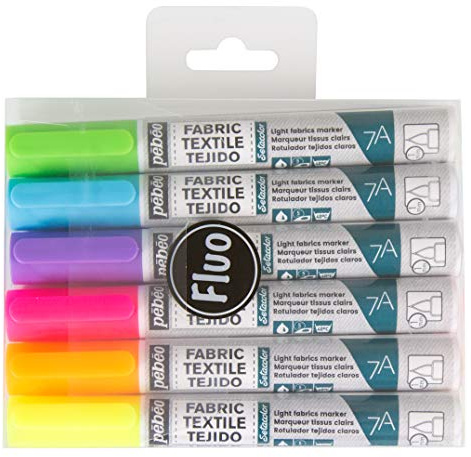 Pébéo 803502 7 A Set di 6 pennarelli tessuti chiari assortimento Fluo punta tonda 4 mm Multicolore