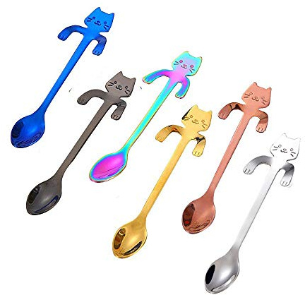 ESRISE Lot de 6 cuillères à café et à thé en forme de chat pour homme, cadeaux de Noël, d'anniversaire, cuillères à café à suspendre en acier inoxydable (multicolore)