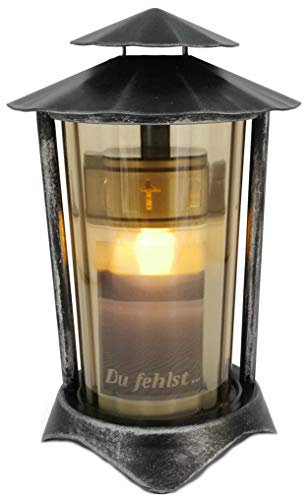 Lanterne funéraire en métal ronde avec Bougie LED de 21 cm (lanterne : Aluminium - Verre : bronze).