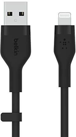 Belkin BoostCharge Flex Silicone USB Type A to Lightning Cable (3M/10FT), MFi Certified Charging Cable for iPhone 14/14 Plus, 13, 12, Pro, Max, Mini, SE, iPad and More – Black