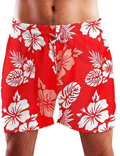 King Kameha Funky Hawaii Schwimm-Hose Bade-Hose Bade-Shorts, Mono Hibiscus, Rot Weiß, XL
