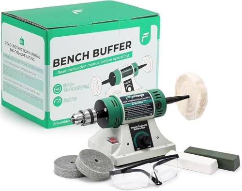 Flyrivergo Bench Buffer Polisher, Jewelry Polisher, Adjustable Variable Speed Bench Buffer, with 2 Cotton Wheels, 2 Fiber Wheels, 1 Drill Chuck and 1 Set of Polishing Buffing Wheel for Silver, Metal