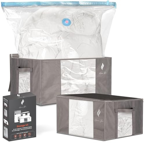 HOME BOX® Confezione da 2 sacchi di stoccaggio in tessuto (40 e 72L) + 2 sacchi per il vuoto | Set di coperture di grande capacità, resistenti e durevoli | Soluzione di stoccaggio