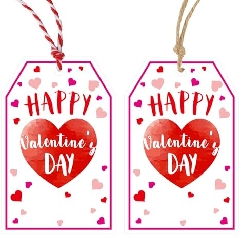 Anwyll Valentines Day Gift Tags - 50Pcs Happy Valentine's Day Tags with String Happy Valentines Heart Tag Personalized Hanging Paper Gift Tag for Gift Wrapping Present Treat Bag Party Favors